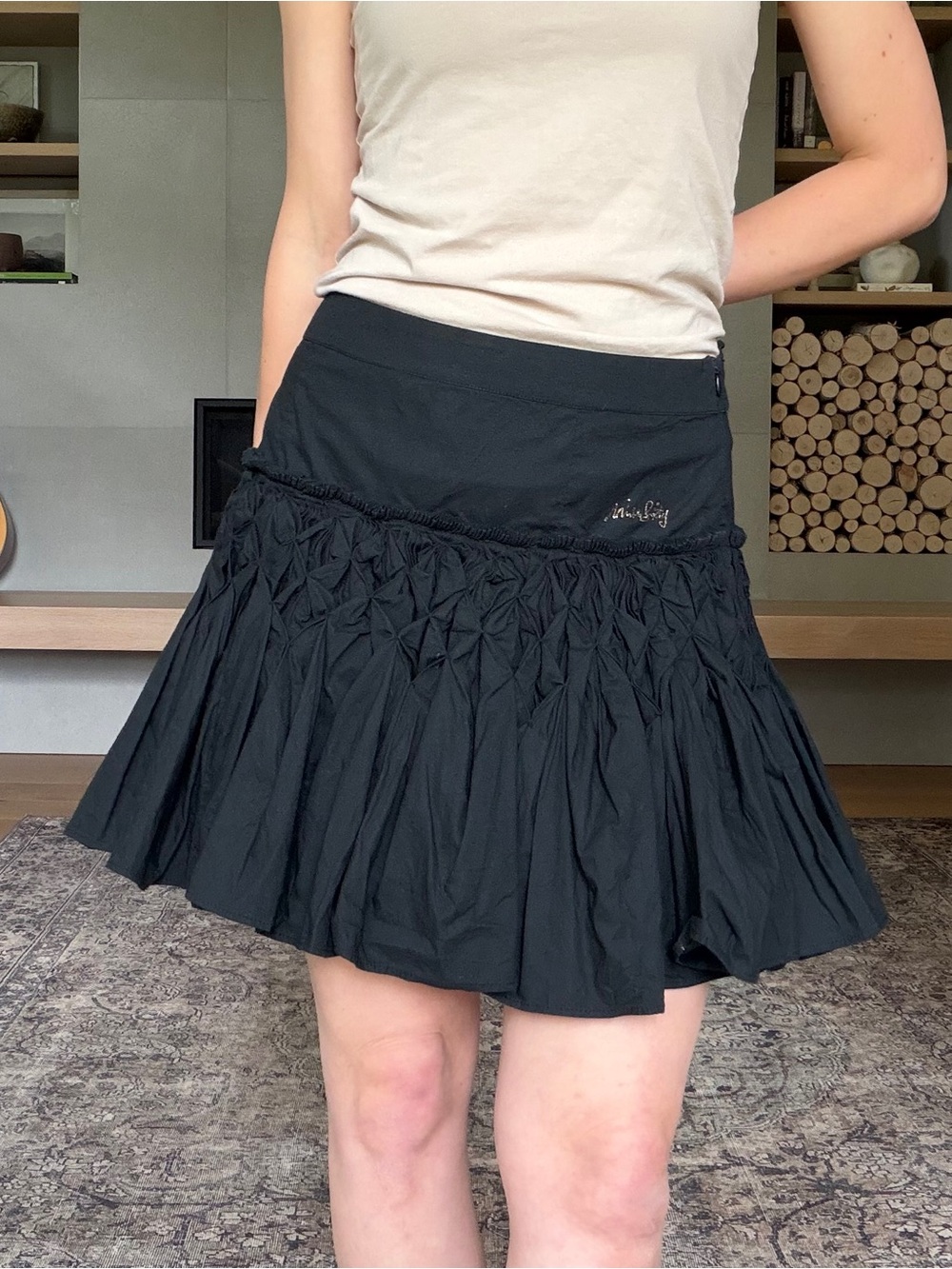 Y2K Miss Sixty 100% cotton Black Tiered Pin Tuck Smocked Mini Skirt